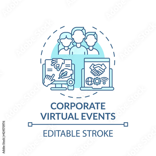 Corporate virtual events concept icon. VE type idea thin line illustration. Improving interpersonal relationships between employees. Vector isolated outline RGB color drawing. Editable stroke