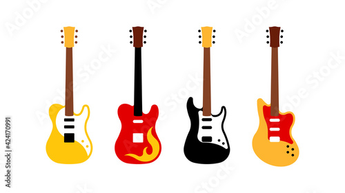 Set of different electric guitars. Simplified representation of stringed musical instruments. Group of icons in modern flat style.