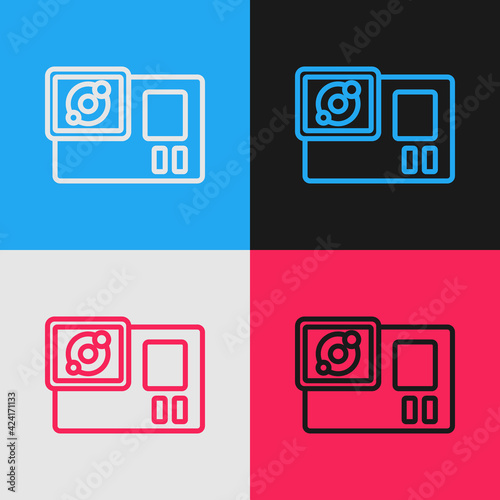 Pop art line Action extreme camera icon isolated on color background. Video camera equipment for filming extreme sports. Vector