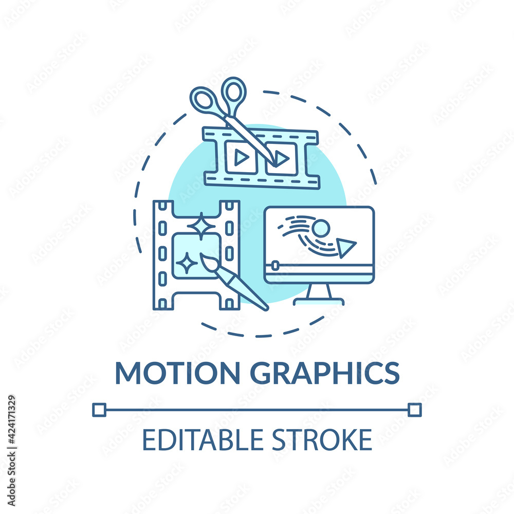 Motion graphics concept icon. Virtual event content idea thin line illustration. Multimedia projects. Immersive experience creation. Vector isolated outline RGB color drawing. Editable stroke