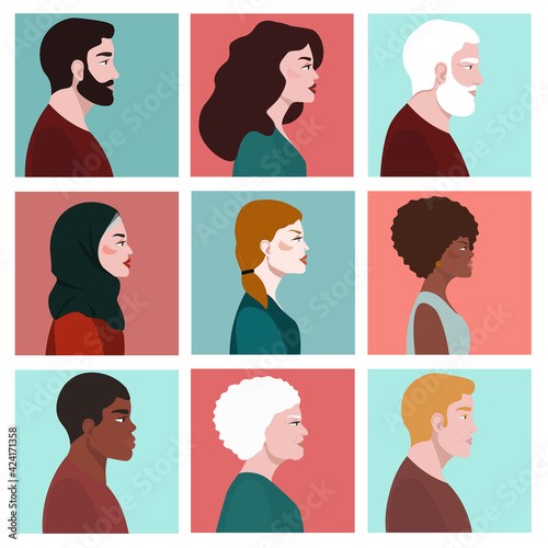 A set of profile portraits of people of different races, ages, nationalities, skin color and hair. A collection of avatars for the social network. Vector flat illustration.