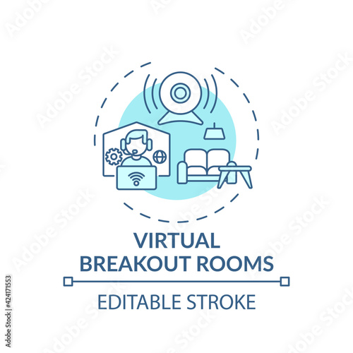 Virtual breakout rooms concept icon. VE success tip idea thin line illustration. Working on group assignment. Internet meeting. Vector isolated outline RGB color drawing. Editable stroke