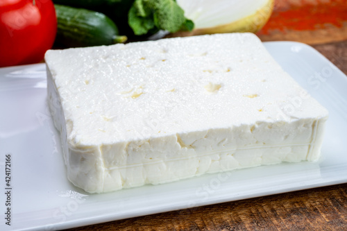 Cheese collection, white Greek salty feta cheese ready to eat