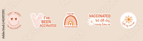 hand drawn icon or web button in bohemian colors with text I am vaccinated.  I got my coronavirus vaccine badge. I'm covid-19 vaccinated label sticker.  vector illustration. end of pandemic concept