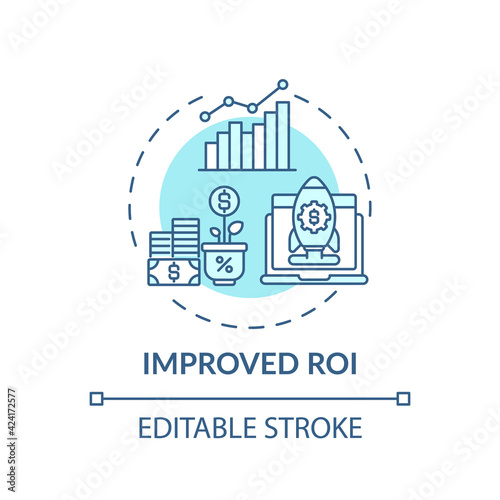 Improved ROI concept icon. Hybrid event idea thin line illustration. Driving revenue. Engaging with sponsors on virtual platform. Vector isolated outline RGB color drawing. Editable stroke