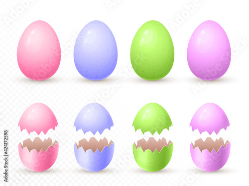 broken painted easter eggs in pastel colors. cracked, open and whole easter eggshell. 3d realistic illustration. Vector mock up of easter eggs isolated on transparent background. for holiday design.