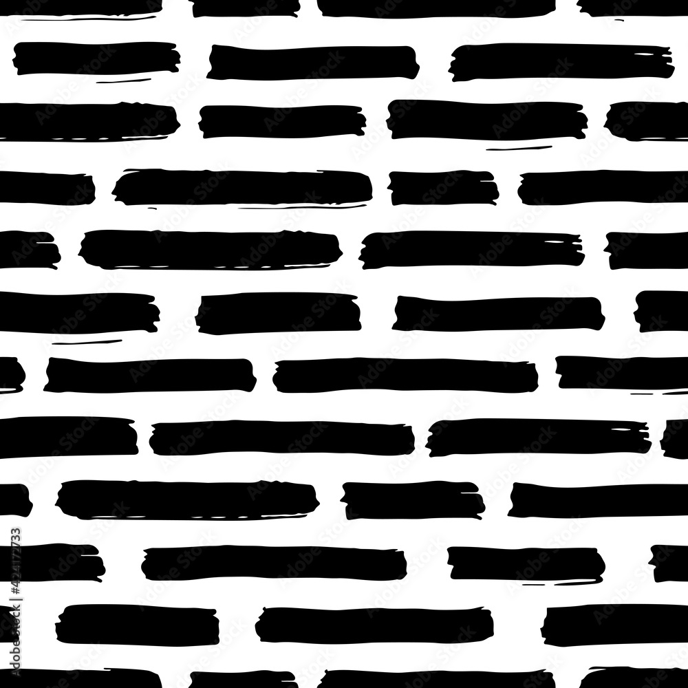 Brush strokes vector seamless pattern. Black and white contemporary pattern with ink stripes. Trendy background for wallpaper and prints. Grunge texture. Minimalistic vector background