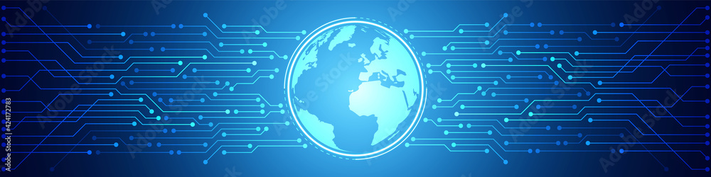 Abstract Digital Global Technology Background, blue circuit board pattern, microchip, power line Abstract Digital Global Technology Background, blue circuit board pattern, microchip, power line