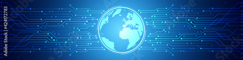 Abstract Digital Global Technology Background, blue circuit board pattern, microchip, power line