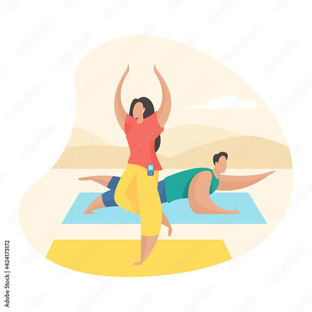 Couple doing yoga exercises outdoor. Male and female cartoon characters doing fitness activities open air. Sport healthy lifestyle. Flat vector illustration