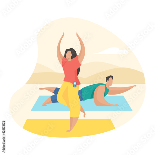 Couple doing yoga exercises outdoor. Male and female cartoon characters doing fitness activities open air. Sport healthy lifestyle. Flat vector illustration