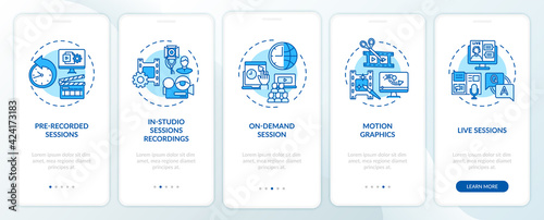 Remote event content onboarding mobile app page screen with concepts. Recorded, live meetings walkthrough 5 steps graphic instructions. UI, UX, GUI vector template with linear color illustrations