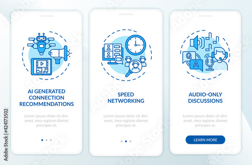 Remote events for networking onboarding mobile app page screen with concepts. Speed meetings walkthrough 3 steps graphic instructions. UI, UX, GUI vector template with linear color illustrations