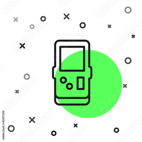 Black line Portable tetris electronic game icon isolated on white background. Vintage style pocket brick game. Interactive playing device. Vector