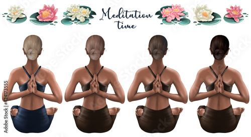 Healthy lifestyle concept. Meditation yoga, healthy women lifestyle. Mental health. Hairstyles. Lotus flowers.