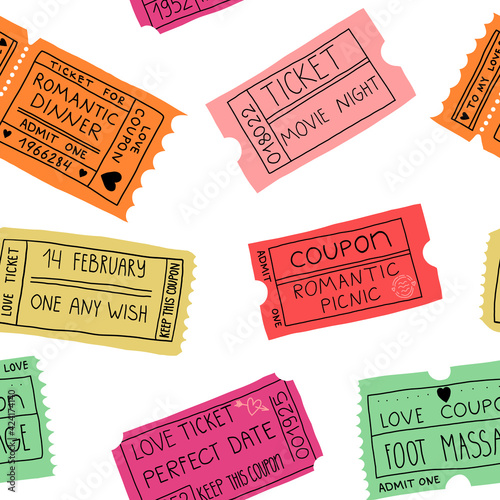Love coupons, couple pastime seamless pattern. Tickets for a romantic dinner, picnic, date, foot massage, one any wish.