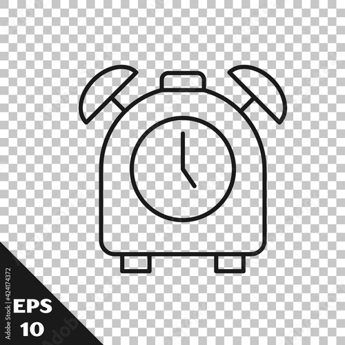 Black line Alarm clock icon isolated on transparent background. Wake up, get up concept. Time sign. Vector