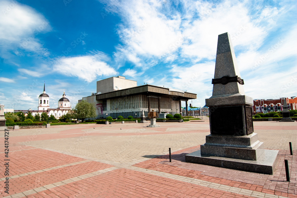 Fototapeta premium Tomsk, Russia, embankment, embankment of the Tom River, a monument in Tomsk, Lenin Square
