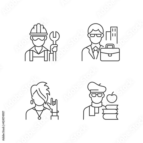 Social classification linear icons set. Blue and white collar workers. Classes in society. Customizable thin line contour symbols. Isolated vector outline illustrations. Editable stroke