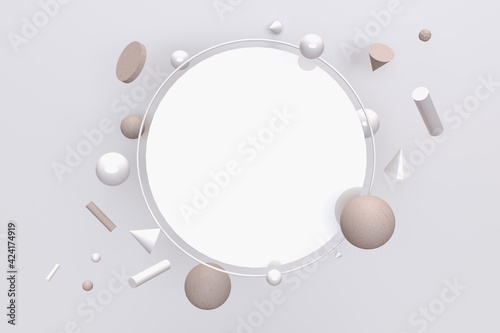 Simple 3D frame of geometric shapes in pastel colors on the theme of cosmetics and skin care.