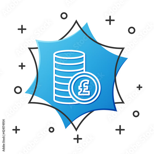 White line Coin money with pound sterling symbol icon isolated on white background. Banking currency sign. Cash symbol. Blue hexagon button. Vector