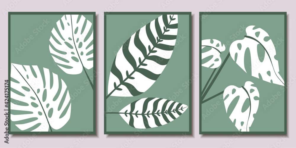 Collection of minimalistic posters with tropical leaves. Modern Art. Vector illustration.