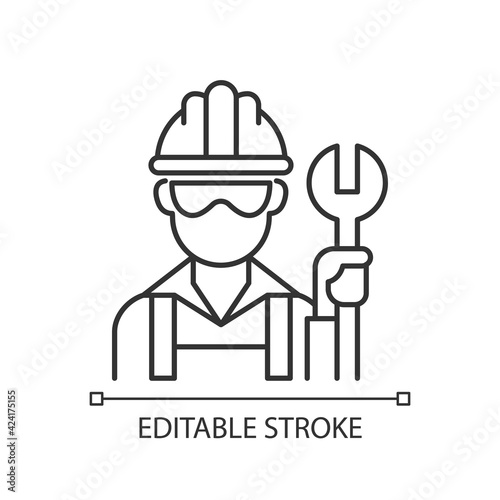 Blue collar worker linear icon. Repairman with wrench. Mechanic, construction work. Social class. Thin line customizable illustration. Contour symbol. Vector isolated outline drawing. Editable stroke