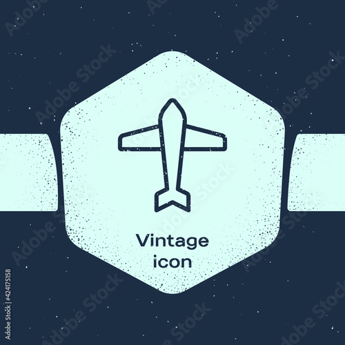 Grunge line Jet fighter icon isolated on blue background. Military aircraft. Monochrome vintage drawing. Vector