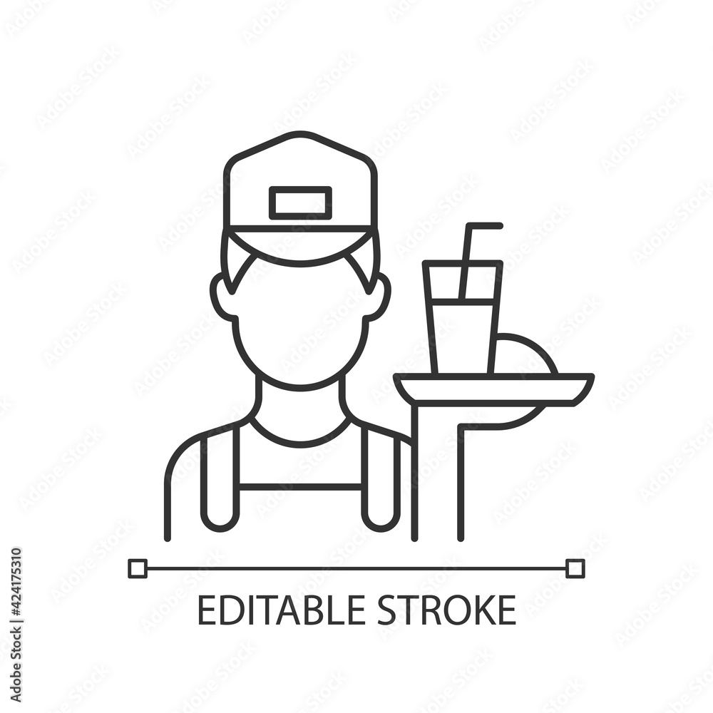 Working poor linear icon. Waiter holding platter with fast food. Underpaid worker. Social group. Thin line customizable illustration. Contour symbol. Vector isolated outline drawing. Editable stroke