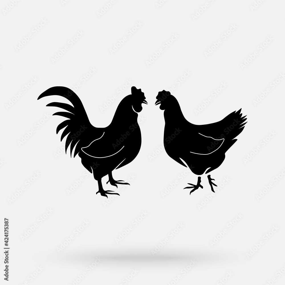 Rooster and Chicken vintage logo, butcher meat shop poster, chicken silhouette. Isolated black silhouette chicken, white background.