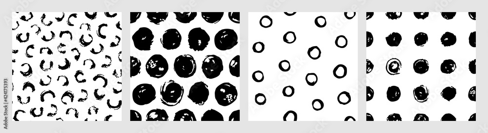 Collage of polka dots seamless vector patterns in black and white. Monochrome set of hand drawn ink dots. Trendy background for prints, cover, wrapping paper and textile. Doodle illustration Collage of polka dots seamless vector patterns in black and white. Monochrome set of hand drawn ink dots. Trendy background for prints, cover, wrapping paper and textile. Doodle illustration
