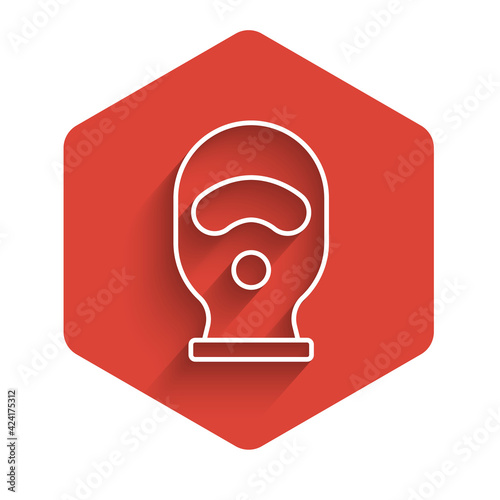 White line Balaclava icon isolated with long shadow. A piece of clothing for winter sports or a mask for a criminal or a thief. Red hexagon button. Vector