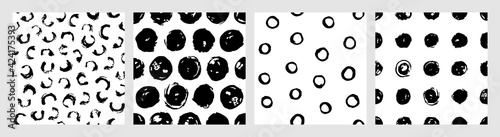 Collage of polka dots seamless vector patterns in black and white. Monochrome set of hand drawn ink dots. Trendy background for prints, cover, wrapping paper and textile. Doodle illustration