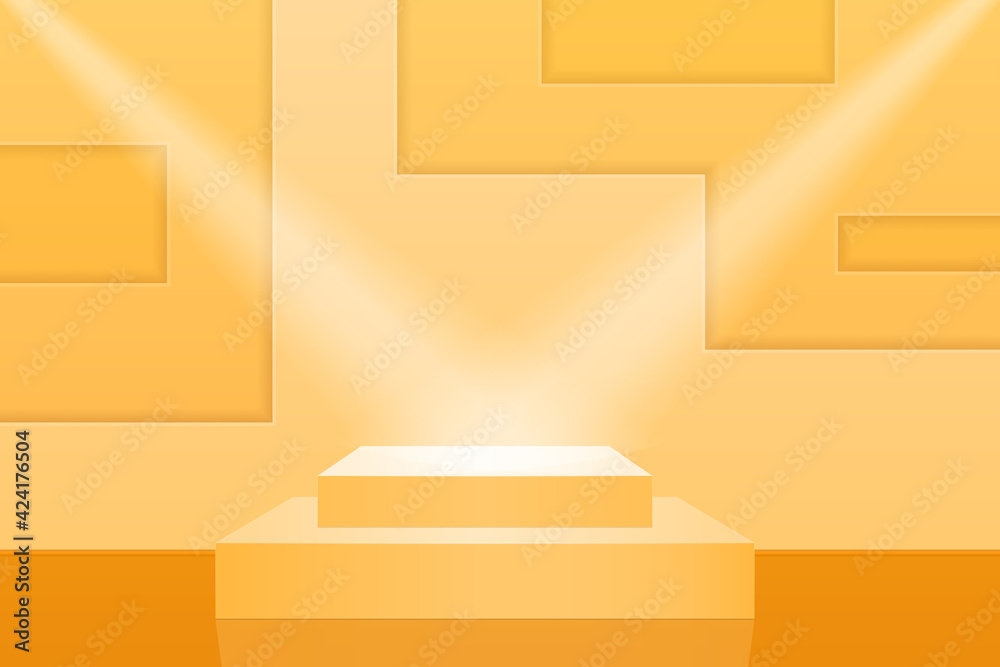 Podium of two rectangular forms for advertising presentation or museum exhibition. Scene for lot at auction. Pedestal for awarding. Yellow abstract background in carved paper style. 3d realism. Podium of two rectangular forms for advertising presentation or museum exhibition. Scene for lot at auction. Pedestal for awarding. Yellow abstract background in carved paper style. 3d realism.
