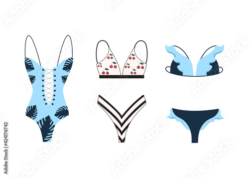 Set of different women's swimwear. Vector illustration.