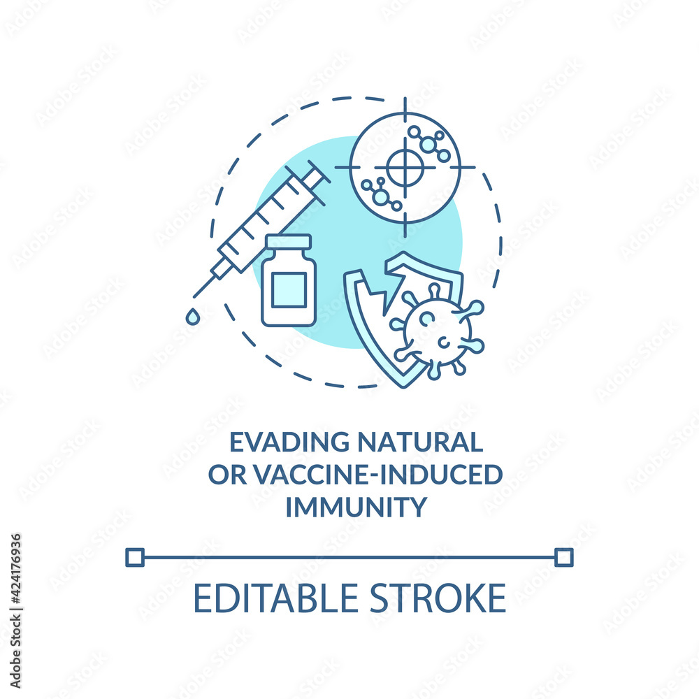 Evading natural or vaccine induced immunity concept icon. Fight troubles caused by world pandemic. Covid virus idea thin line illustration. Vector isolated outline RGB color drawing. Editable stroke