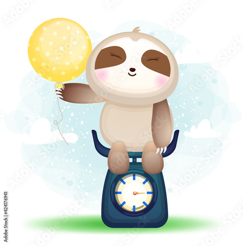 Cute doodle sloth sit on a weigher cartoon character Premium Vector