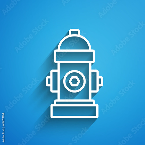 White line Fire hydrant icon isolated on blue background. Long shadow. Vector