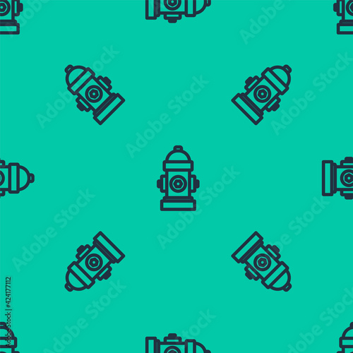 Blue line Fire hydrant icon isolated seamless pattern on green background. Vector