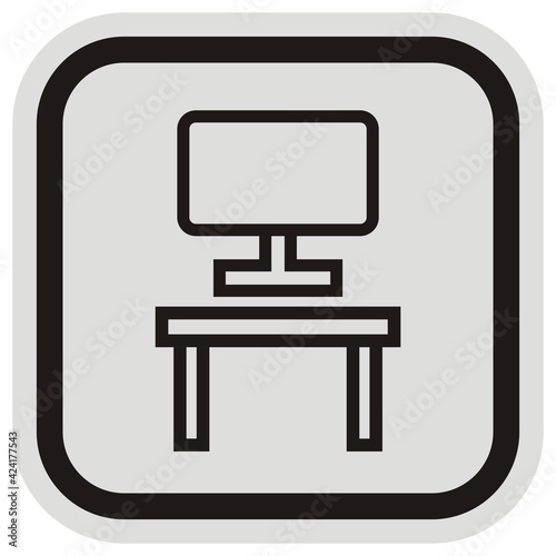 Computer on the desk, black vector icon on gray background
