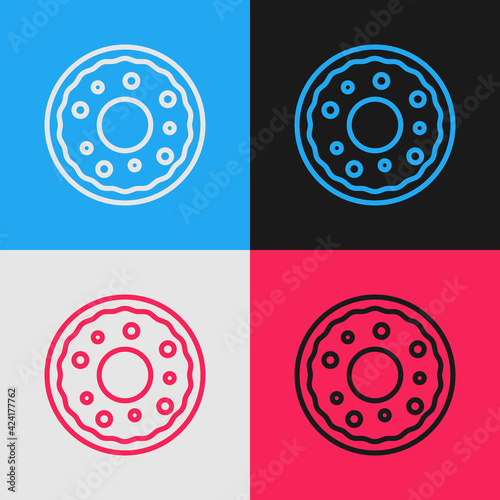 Pop art line Donut with sweet glaze icon isolated on color background. Vector