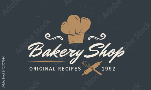 Bakery Shop logo. Bakery, Kitchen, Bakehouse emblem template with chef hat, rolling pin and whisk. Cooking Class logo. Bakehouse vintage hipster logo concept. Vector illustration