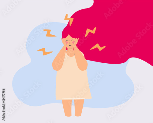 Young woman suffering from headache memory loss due to depression, anxiety and fear. Amnesia depression concept. Struggling against mental disorder or Alzheimer illness. Flat vector illustration. 