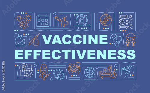 Vaccine effectiveness word concepts banner. Flu vaccination. Covid-19 immunity. Infographics with linear icons on blue background. Isolated typography. Vector outline RGB color illustration