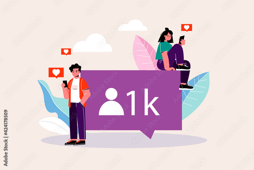 Young people are looking for likes on social networks. Flat vector illustration.