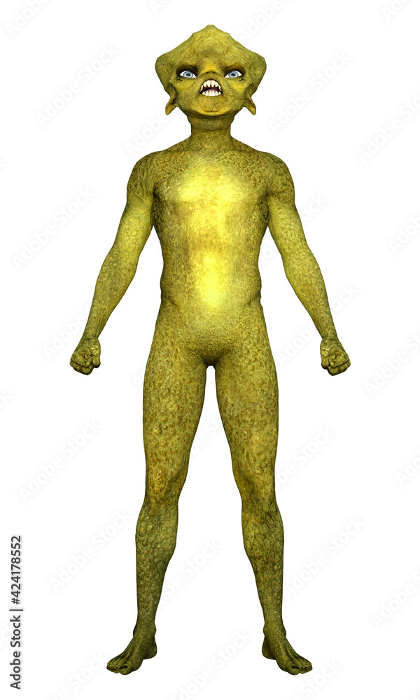 3D Rendering Green Alien on White 3D Rendering Green Alien on White