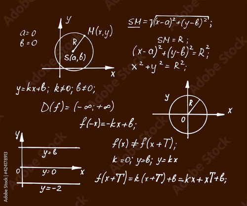 Vintage education background. Trigonometry law theory, mathematical formulas and equations on chalkboard. Vector hand-drawn math signs on blackboard.