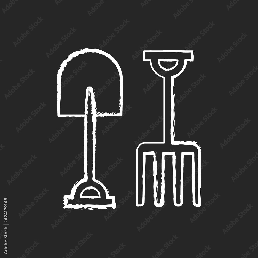Garden fork and spade chalk white icon on black background. Loosening, blending soil. Light cultivation. Moving bulk materials. Pitchfork. Digging trenches. Isolated vector chalkboard illustration Garden fork and spade chalk white icon on black background. Loosening, blending soil. Light cultivation. Moving bulk materials. Pitchfork. Digging trenches. Isolated vector chalkboard illustration