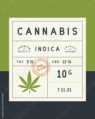 Cannabis, Marijuana vintage label. Cannabis vintage packaging design. Recreational, medicine cannabis label, tag, sticker design for packaging. Retro vintage old label template. Vector illustration