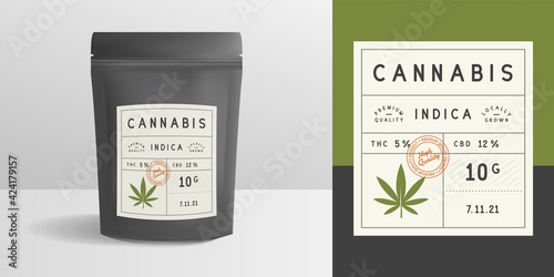 Cannabis zip package, pouch mockup. Vintage trendy label, sticker template. Marijuana zip package design. Zipper mockup template for logo, brand, sticker, label. Vector illustration